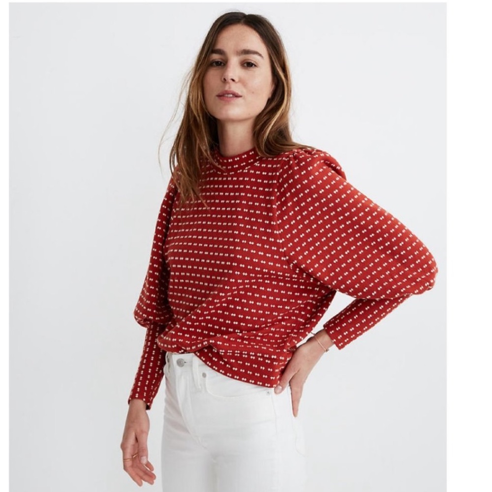 Madewell Puff-Sleeve Mockneck Top in Bow-Tie Jacquard Size Large